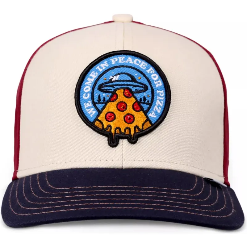 cappellino-curvo-beige-rosso-e-blu-snapback-per-bambino-peace-pizza-food-di-djinns