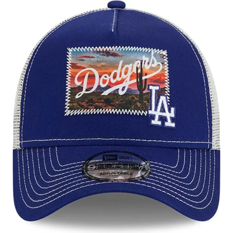 trucker-cap-blau-und-weiss-9forty-a-frame-patch-spring-training-fan-pack-2025-der-los-angeles-dodgers-mlb-von-new-era