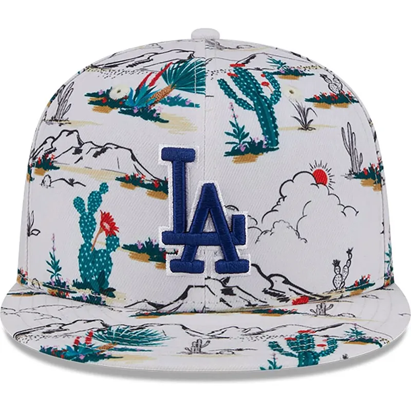 weisse-flache-snapback-kappe-9fifty-print-spring-training-fan-pack-2025-der-los-angeles-dodgers-mlb-von-new-era