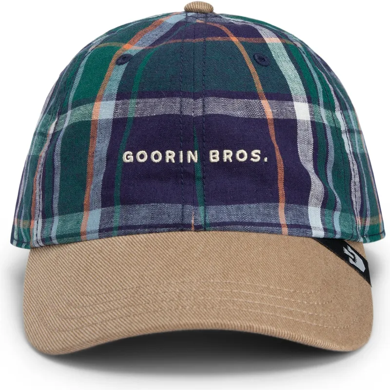 goorin-bros-curved-brim-hardly-working-papa-cap-madras-the-farm-marinebla-og-brun-snapback-kasket