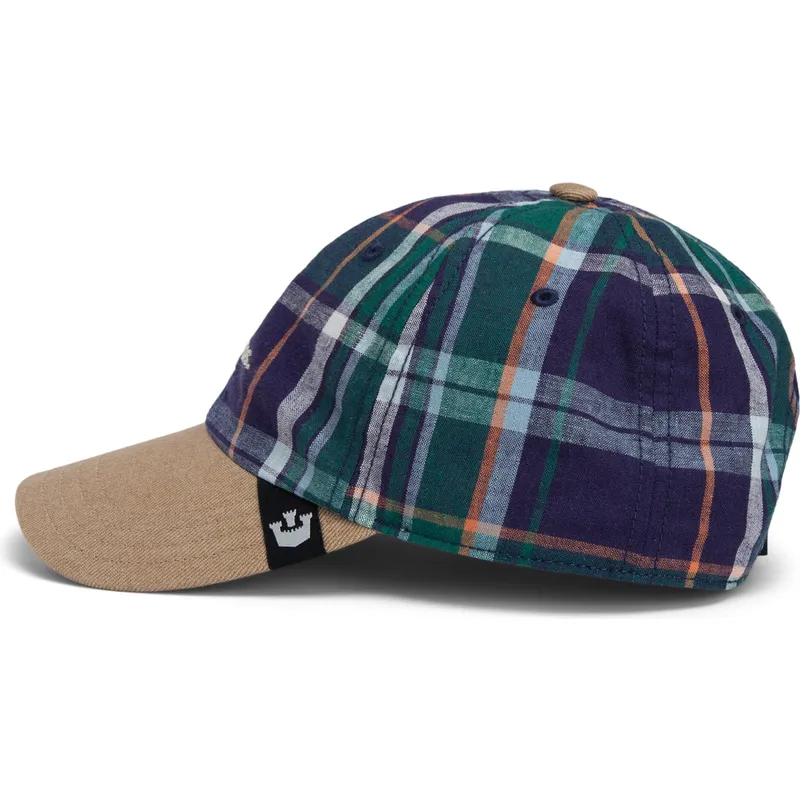 goorin-bros-curved-brim-hardly-working-papa-cap-madras-the-farm-marinebla-og-brun-snapback-kasket