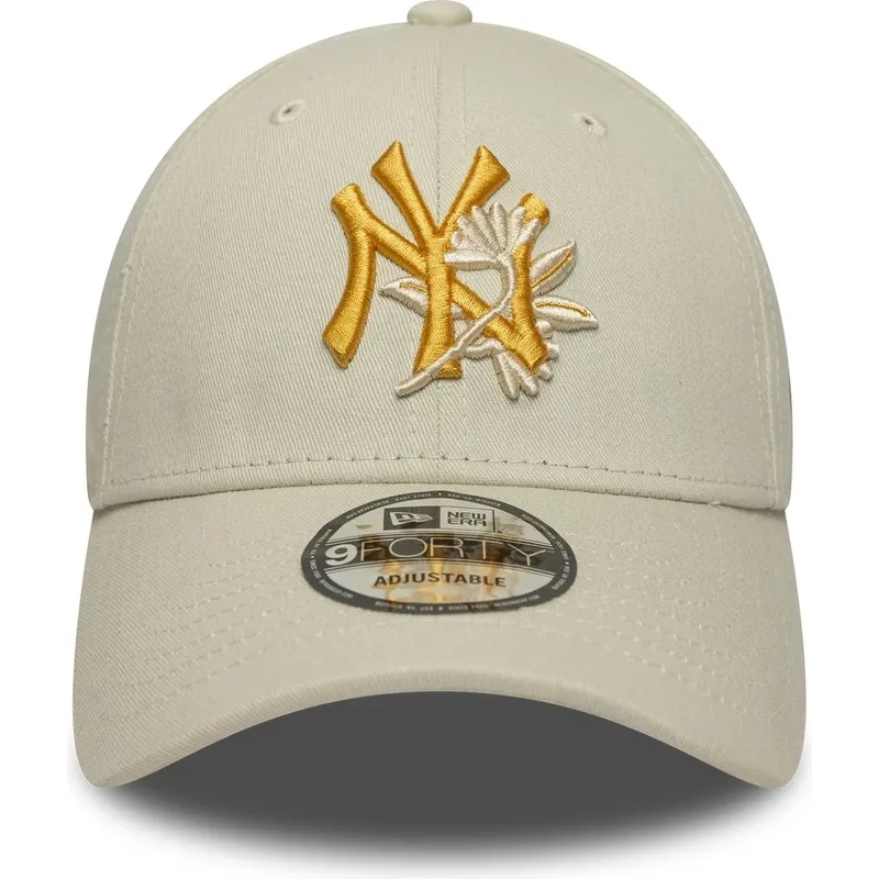 beige-verstellbare-curved-cap-mit-gelbem-logo-9forty-floral-icon-der-new-york-yankees-mlb-von-new-era