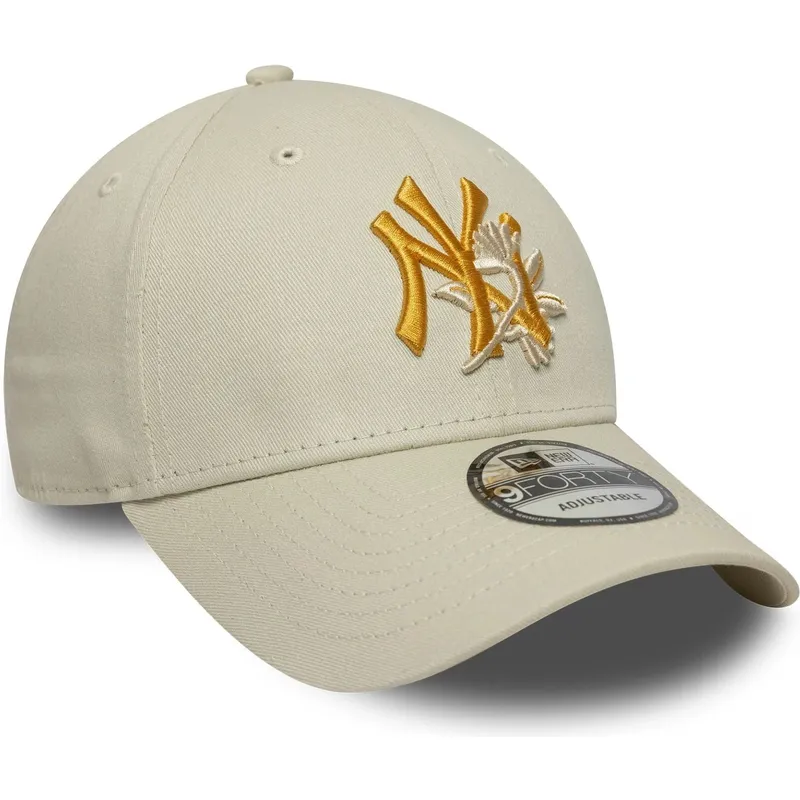 beige-verstellbare-curved-cap-mit-gelbem-logo-9forty-floral-icon-der-new-york-yankees-mlb-von-new-era