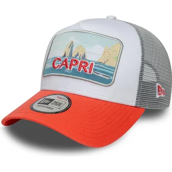 Cappellino trucker bianco e arancione Capri Italy A Frame Summer di New Era
