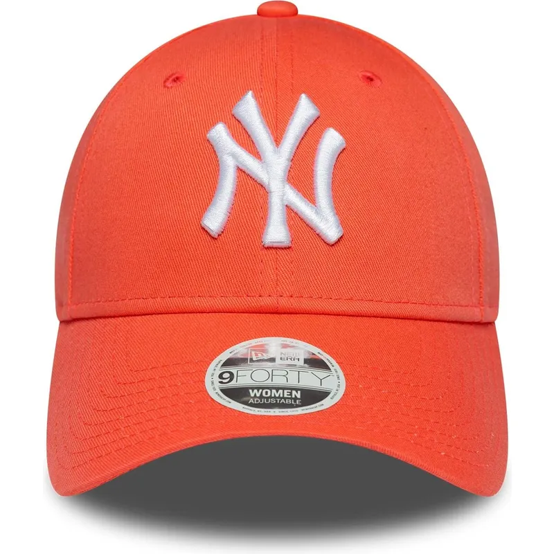 gebogene-orangefarbene-verstellbare-damenkappe-9forty-league-essential-der-new-york-yankees-mlb-von-new-era