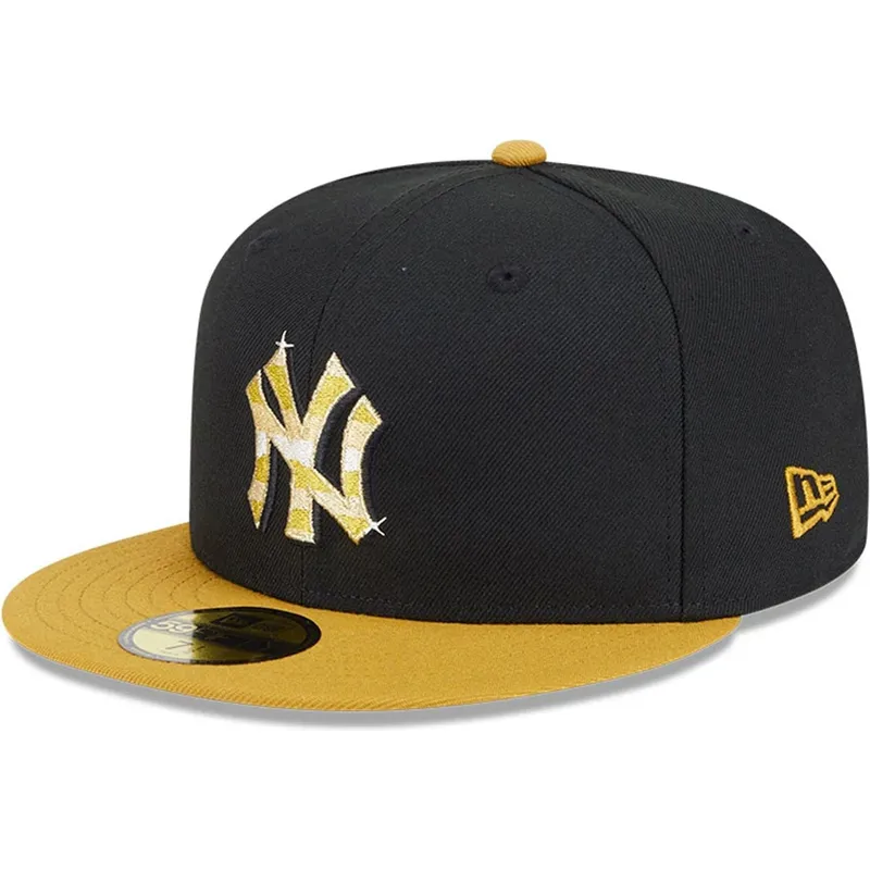 schwarze-und-gelbe-anliegende-flatcap-mit-goldenem-logo-59fifty-day-von-new-york-yankees-mlb-von-new-era
