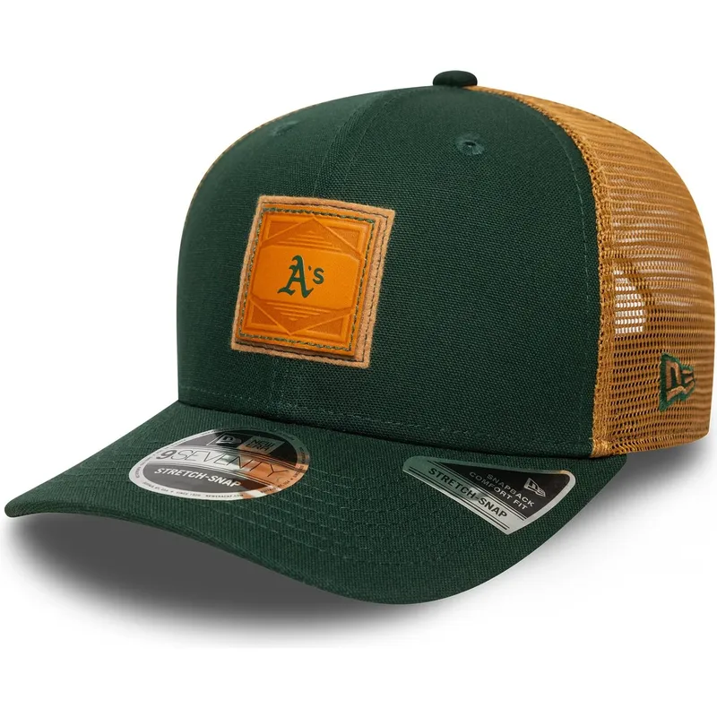 cappellino-trucker-verde-e-marrone-9seventy-stretch-snap-debossed-logo-di-oakland-athletics-mlb-di-new-era