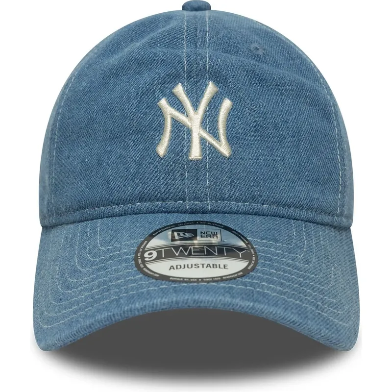 blaue-gebogene-verstellbare-9twenty-denim-kappe-der-new-york-yankees-mlb-von-new-era