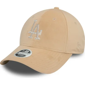 Beige justerbar kvindehue med buet skygge 9FORTY Velour Diamante Los Angeles Dodgers MLB fra New Era