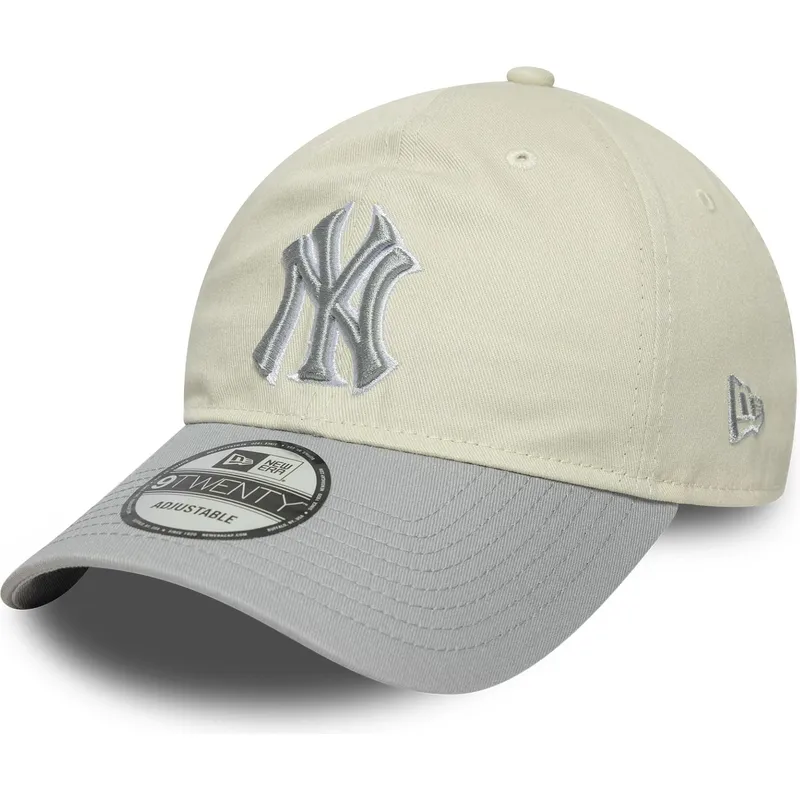 buet-beige-og-gra-justerbar-kasket-til-kvinder-9twenty-world-series-cooperstown-fra-new-york-yankees-mlb-fra-new-era