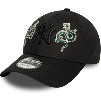 Czarna zakrzywiona regulowana czapka z czarnym logo 9FORTY Icon Dragon New York Yankees MLB od New Era