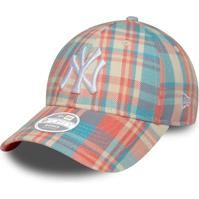 rosa-und-blau-verstellbare-curved-cap-fur-damen-9forty-check-der-new-york-yankees-mlb-von-new-era