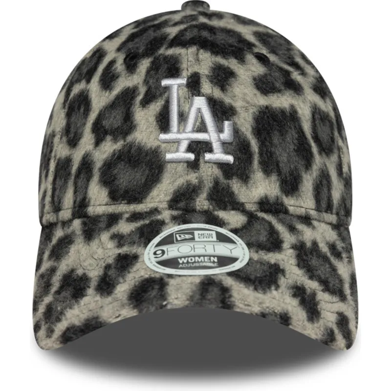 schwarze-verstellbare-curved-cap-fur-damen-9forty-cosy-animal-der-los-angeles-dodgers-mlb-von-new-era