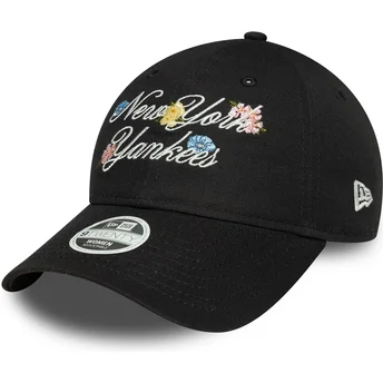 Cappellino curvo nero regolabile da donna 9FORTY Floral Script dei New York Yankees MLB di New Era