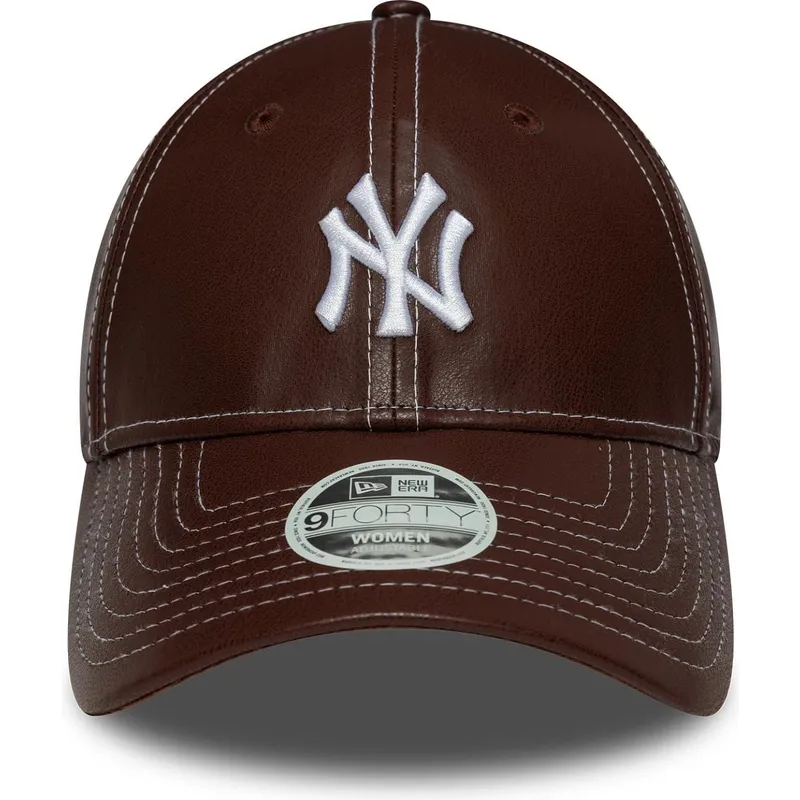 braune-gebogene-verstellbare-damenkappe-9forty-topstitch-pu-der-new-york-yankees-mlb-von-new-era