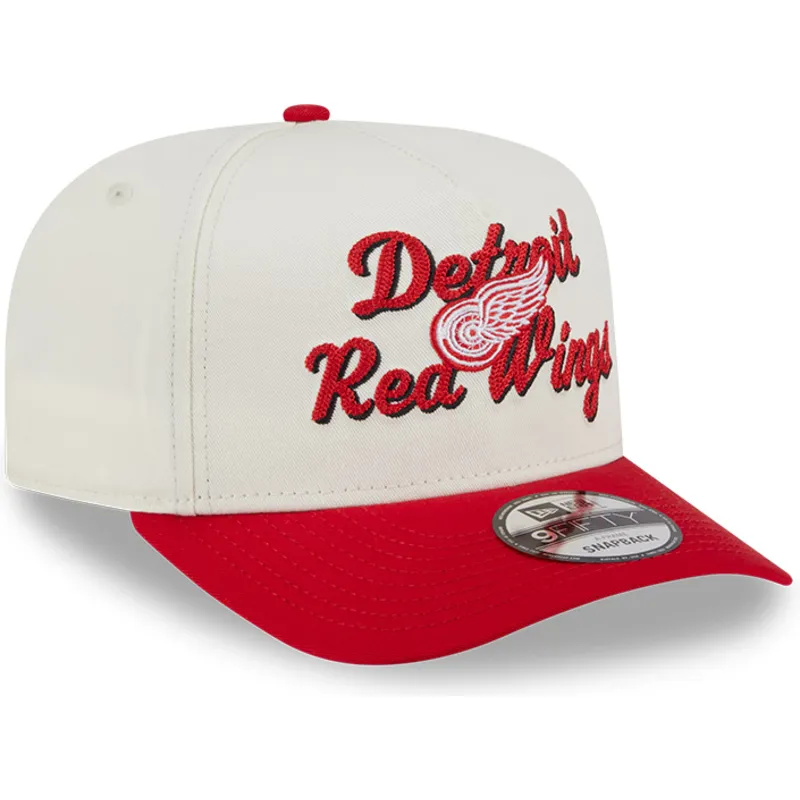 cappellino-visiera-curva-beige-e-rosso-snapback-9fifty-a-frame-chainstitch-di-detroit-red-wings-nhl-di-new-era