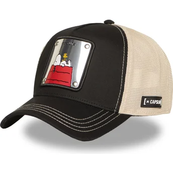 Cappellino trucker nero e beige Snoopy e Woodstock PEA6 NAW6 Peanuts di Capslab