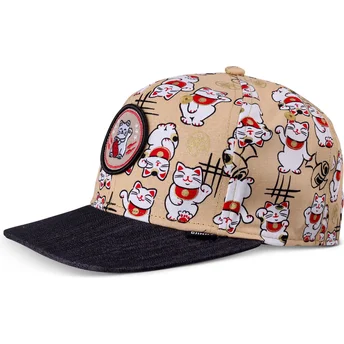 Cappello piatto beige e nero snapback per bambino Lucky Cat Linen di Djinns