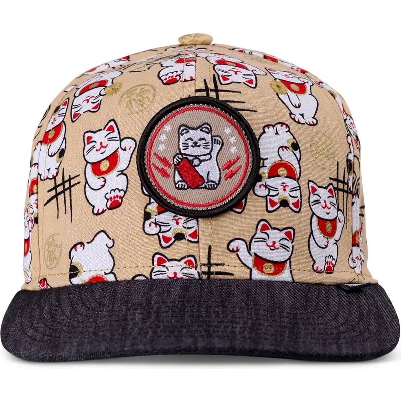 bezowo-czarna-czapka-snapback-z-plaskim-daszkiem-dla-dzieci-lucky-cat-linen-od-djinns