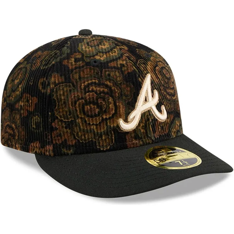 cappellino-curvo-nero-chiuso-59fifty-low-profile-floral-cord-three-looms-printed-corduroy-di-atlanta-braves-mlb-di-new-era
