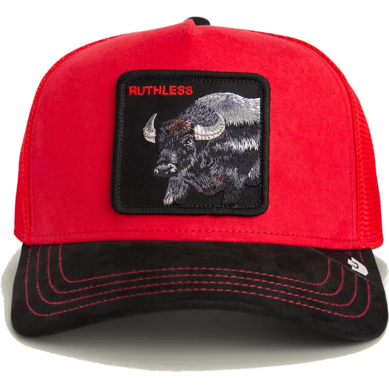 ruthless-buffalo-suede-the-farm-rod-og-sort-buffalo-trucker-kasket-fra-goorin-bros
