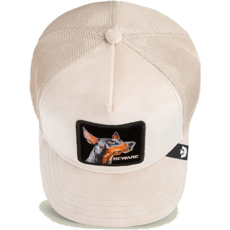 trucker-cap-beige-hund-dobermann-beware-doberman-velour-the-farm-von-goorin-bros