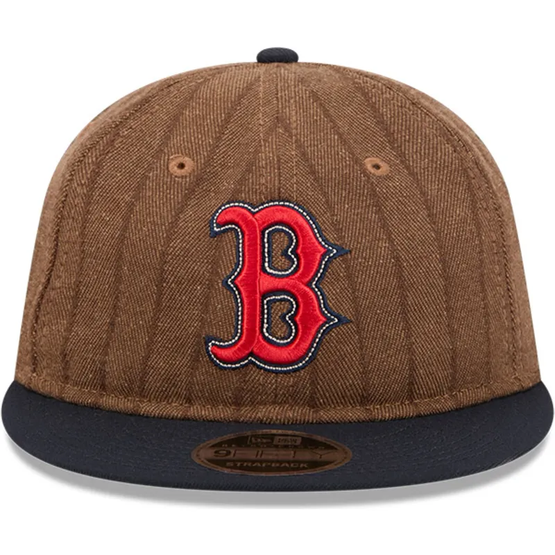 cappello-piatto-marrone-e-blu-navy-regolabile-9fifty-retro-crown-wool-pinstripe-di-boston-red-sox-mlb-di-new-era