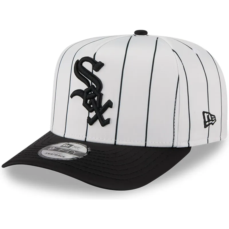 cappellino-visiera-curva-bianco-e-nero-snapback-9fifty-a-frame-satin-pinstripe-di-chicago-white-sox-mlb-di-new-era