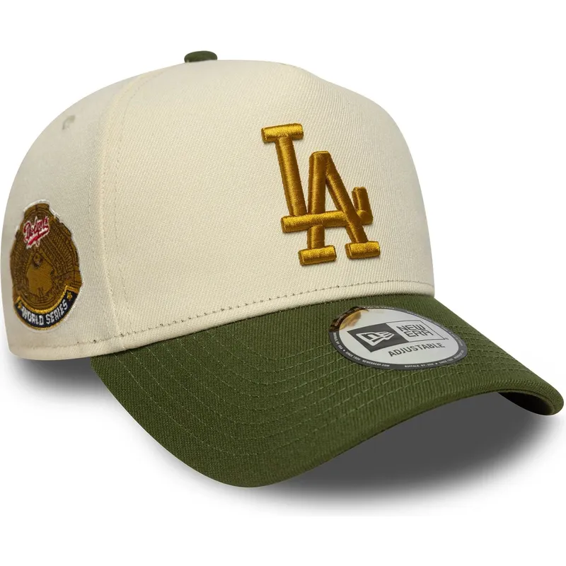 beige-og-gron-buet-snapback-kasket-9forty-e-frame-world-series-patch-fra-los-angeles-dodgers-mlb-fra-new-era