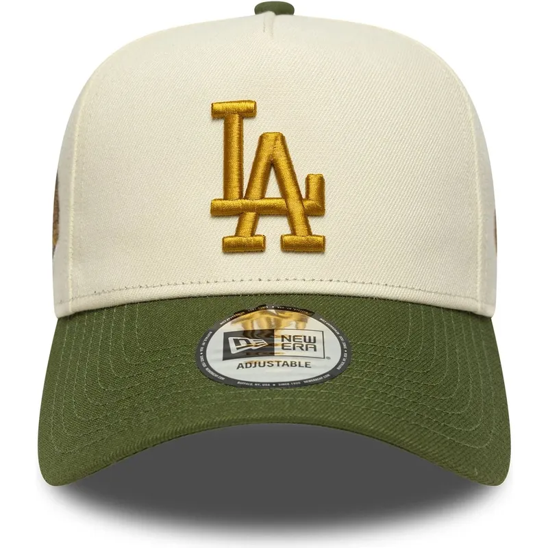 beige-und-grune-gebogene-snapback-kappe-9forty-e-frame-world-series-patch-der-los-angeles-dodgers-mlb-von-new-era