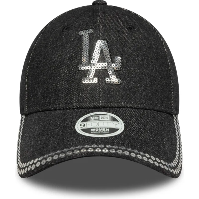 los-angeles-dodgers-mlb-9forty-sequin-denim-sort-justerbar-kvindekasket-med-buet-skygge-fra-new-era