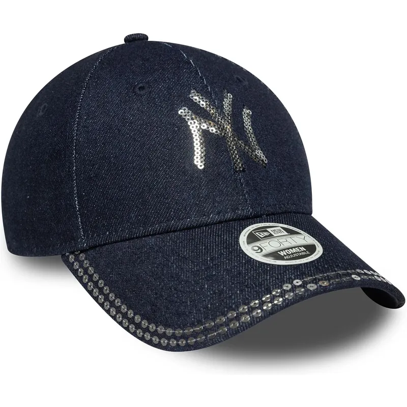 marinebla-justerbar-buet-kasket-til-kvinder-9forty-sequin-denim-fra-new-york-yankees-mlb-fra-new-era