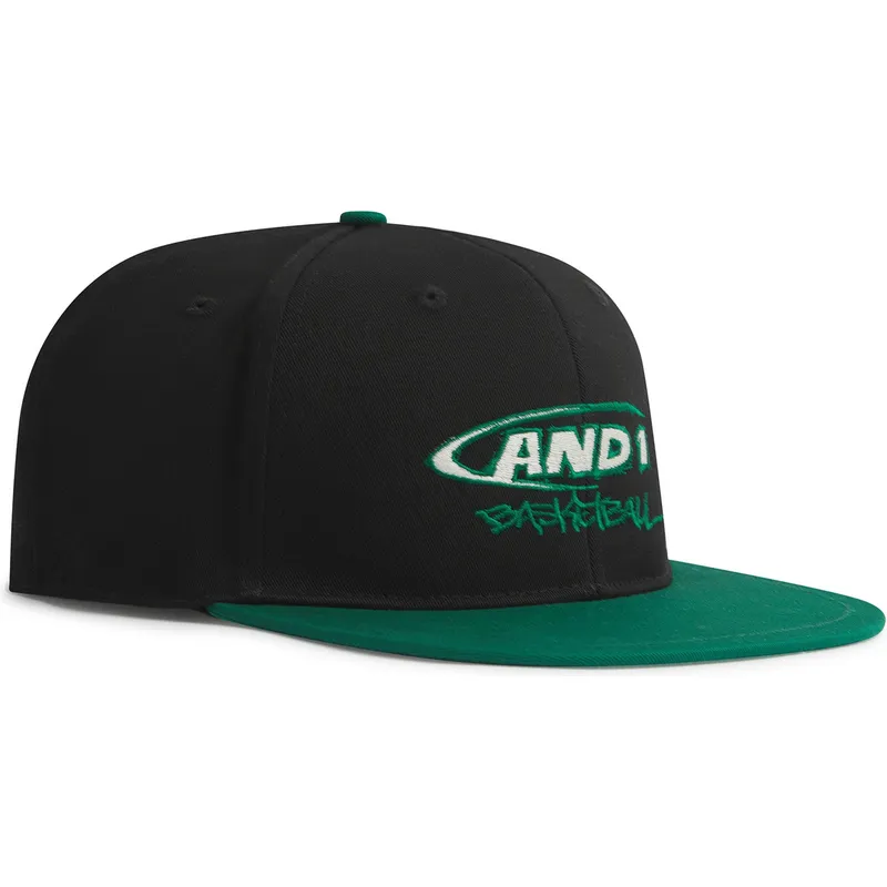 sort-og-gron-flad-snapback-kasket-med-graffiti-logo-fra-and1