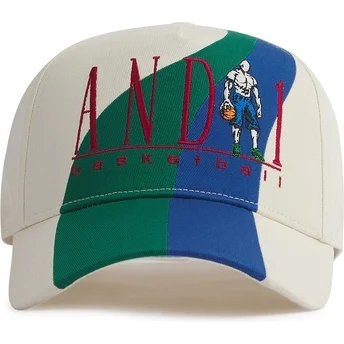 Beige Snapback-Kappe mit gebogenem Schirm und Retro-Logo im Farbblockdesign von AND1