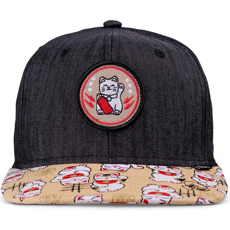 sort-og-multifarvet-flat-cap-snapback-til-dreng-lucky-cat-linen-rev-fra-djinns