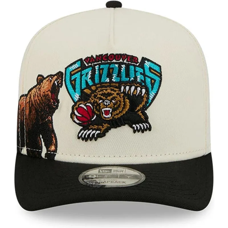 cappellino-visiera-curva-beige-e-nero-snapback-9fifty-a-frame-precurved-hardwood-classics-di-vancouver-grizzlies-nba-di-new-era
