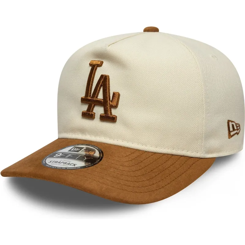 buet-beige-og-brun-justerbar-kasket-9fifty-a-frame-suede-visor-fra-los-angeles-dodgers-mlb-fra-new-era