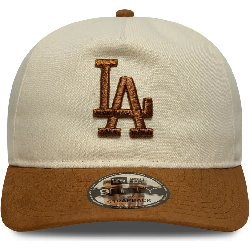 bezowo-brazowa-regulowana-czapka-z-zakrzywionym-daszkiem-9fifty-a-frame-suede-visor-los-angeles-dodgers-mlb-new-era