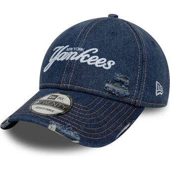 Gorra curva azul ajustable 9TWENTY Denim Distress de New York Yankees MLB de New Era