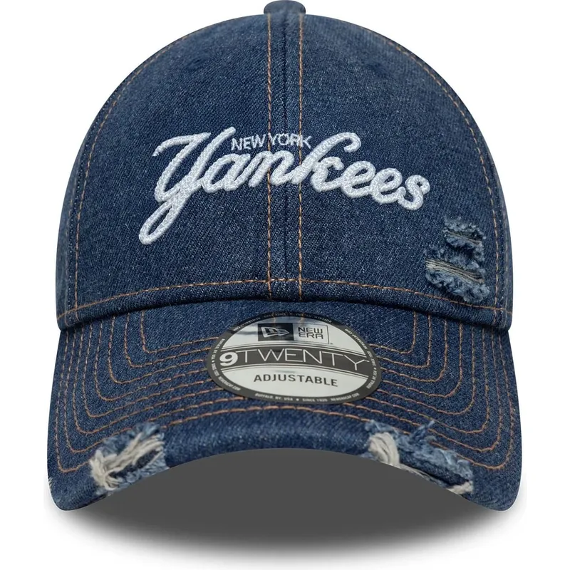 cappellino-curvo-blu-regolabile-9twenty-denim-distress-di-new-york-yankees-mlb-di-new-era