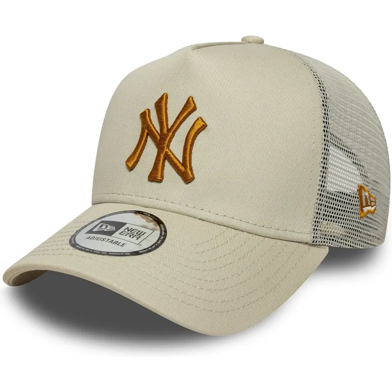 gorra-trucker-beige-con-logo-marron-a-frame-league-essential-de-new-york-yankees-mlb-de-new-era