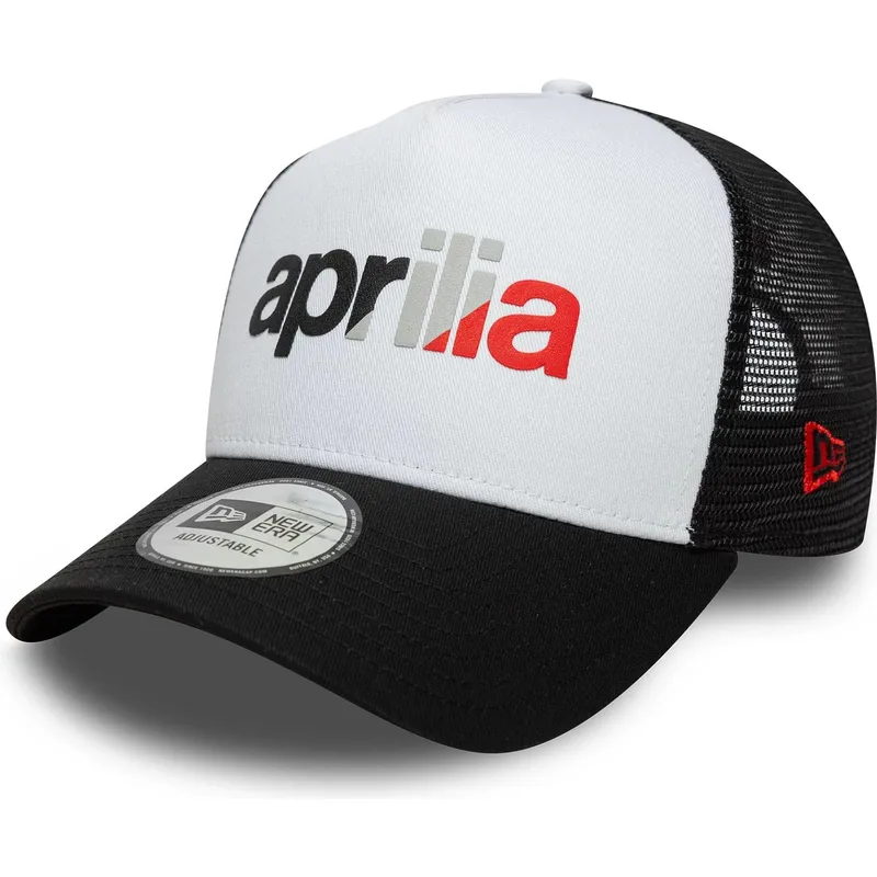 cappellino-trucker-bianco-e-nero-a-frame-wordmark-di-aprilia-piaggio-di-new-era