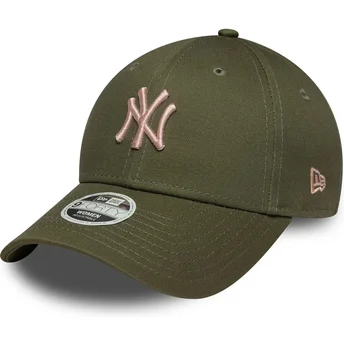 Zielona regulowana czapka z zakrzywionym daszkiem z różowym logo dla kobiet 9FORTY League Essential Midi New York Yankees MLB New Era