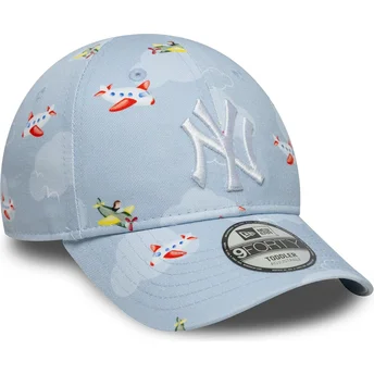 Cappellino curvo azzurro chiaro regolabile per bambino piccolo 9FORTY Plane All Over Print dei New York Yankees MLB di New Era