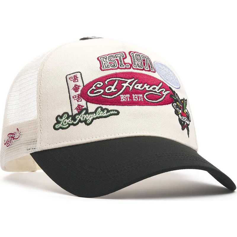 beige-og-sort-trucker-kasket-est-1971-varsity-badge-fra-ed-hardy