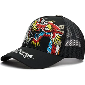 Cappellino trucker nero Dragon And Roses Graphic di Ed Hardy
