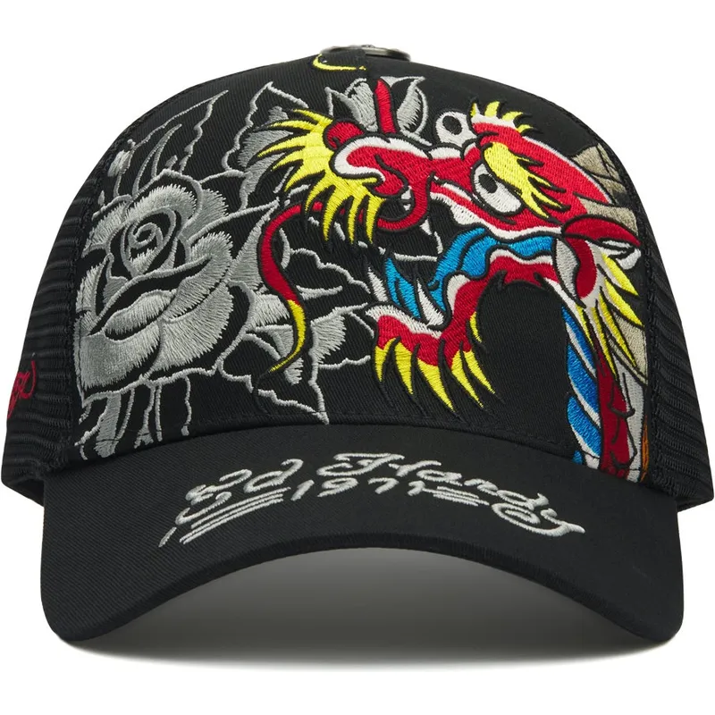 cappellino-trucker-nero-dragon-and-roses-graphic-di-ed-hardy