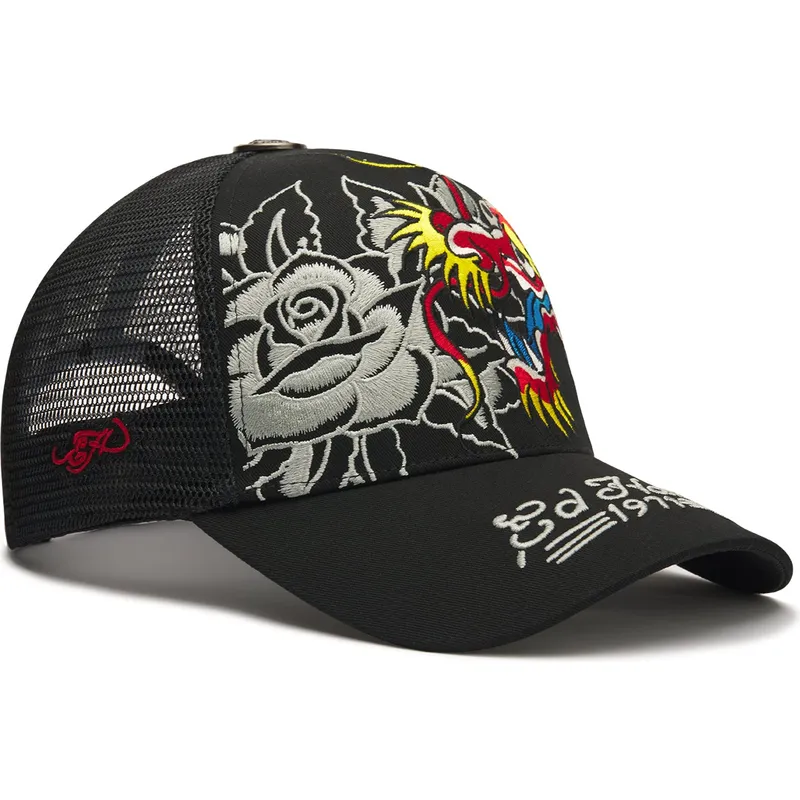 cappellino-trucker-nero-dragon-and-roses-graphic-di-ed-hardy