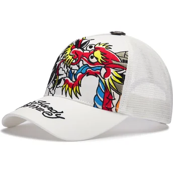 Gorra trucker blanca 1971 Dragon And Roses de Ed Hardy