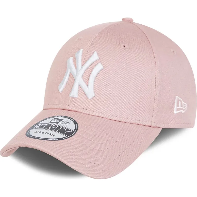 lyserod-justerbar-curved-kasket-med-hvidt-logo-9forty-league-essential-fra-new-york-yankees-mlb-fra-new-era